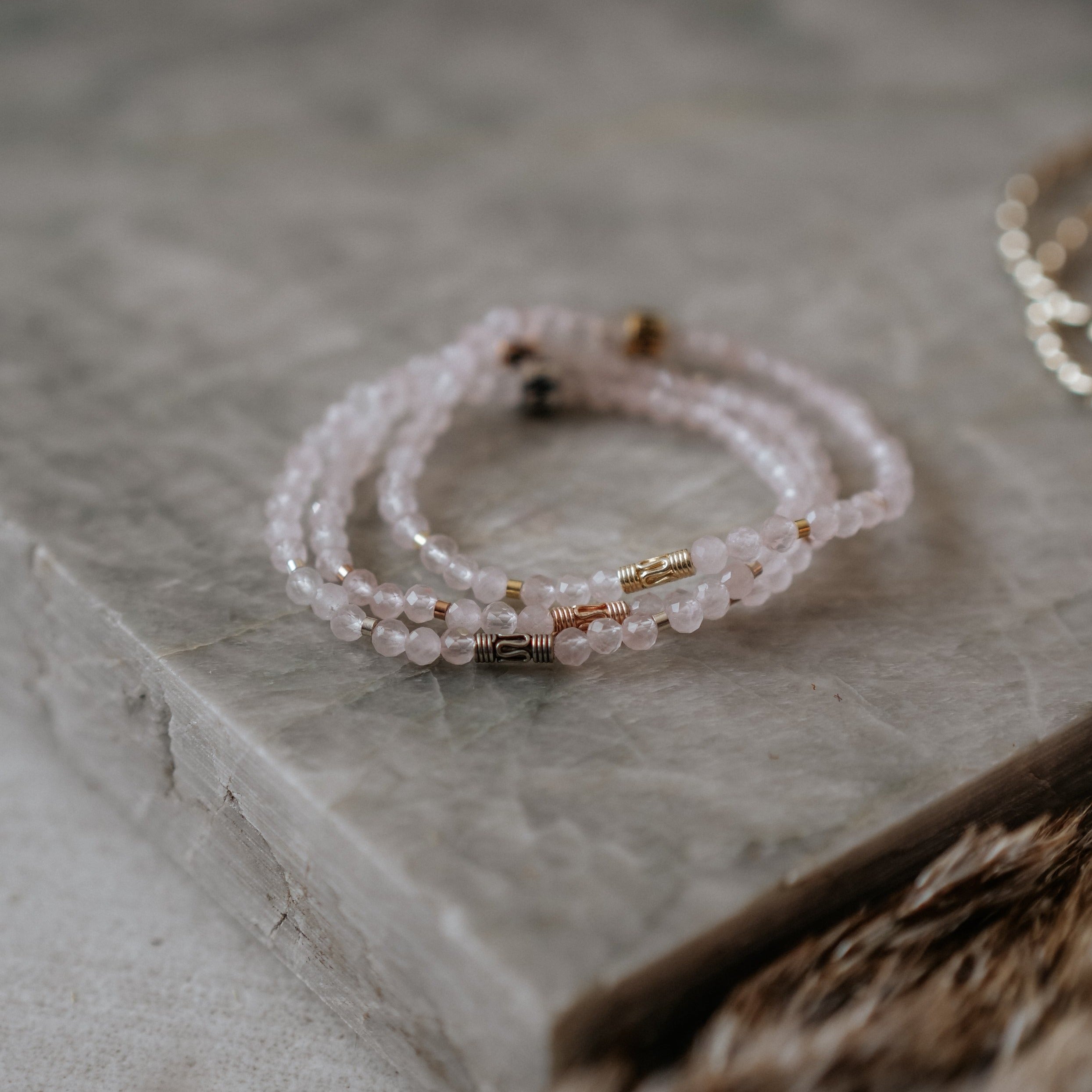 Rose Quartz with Andalusite and Moonstone Bracelet offers with Vermeil Gold, 7.5 inch